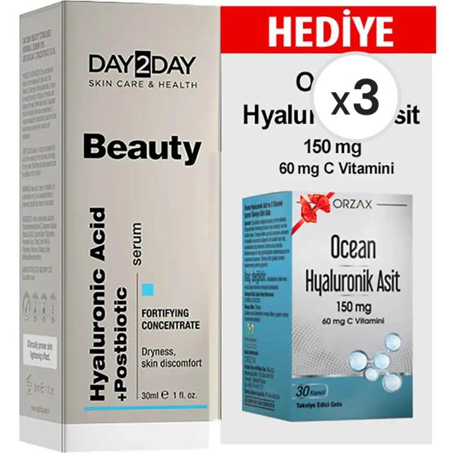 Day2Day Beauty Hyaluronic Acid Serum 30 ml + Ocean Hyaluronik Asit 30 Kapsül 3'lü Paket