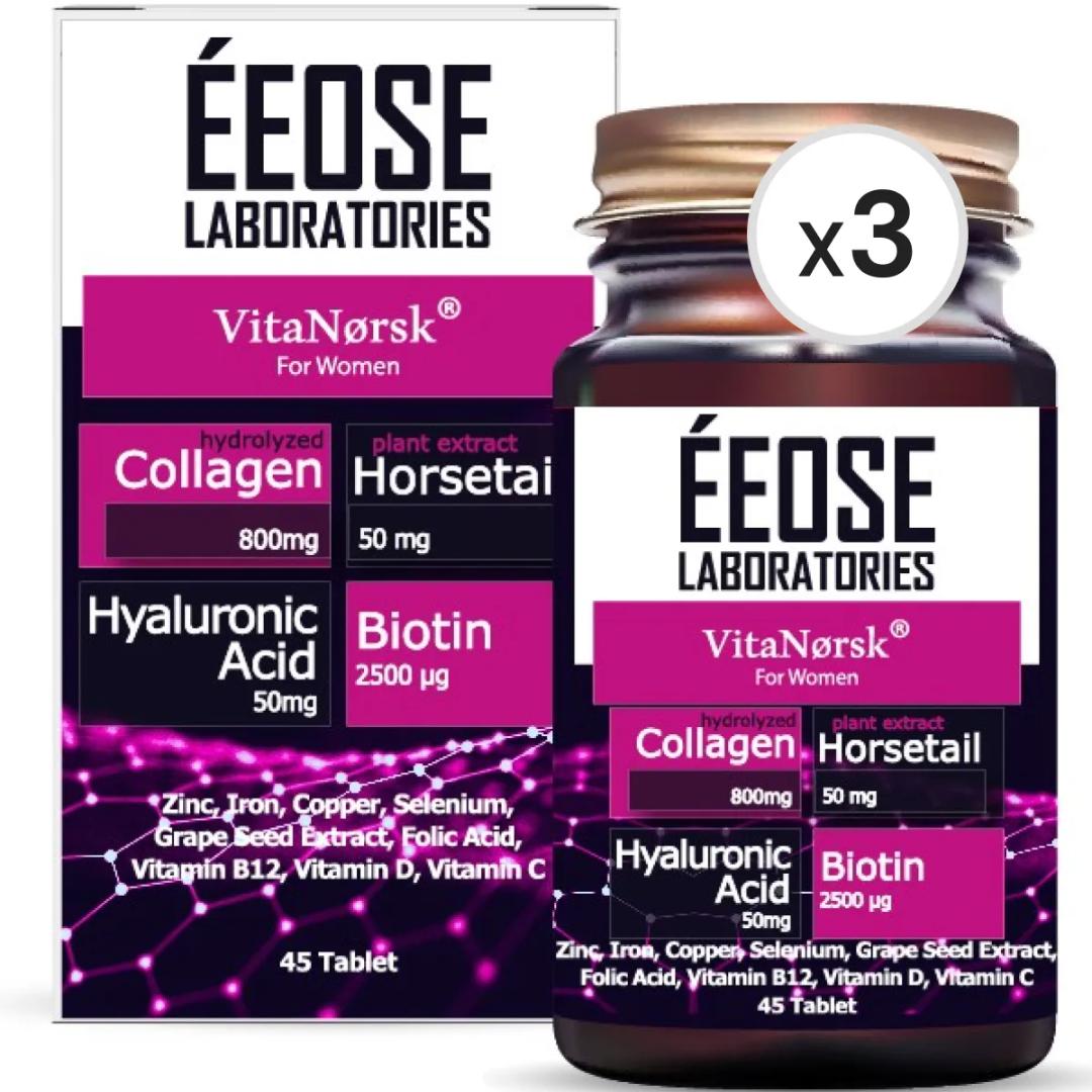 Éeose VitaNorsk Collagen Tablet for Woman (Kolajen + Hyaluronik Asit + Atkuyruğu + Biotin + C Vitamini) 45 Tablet 3'lü Paket