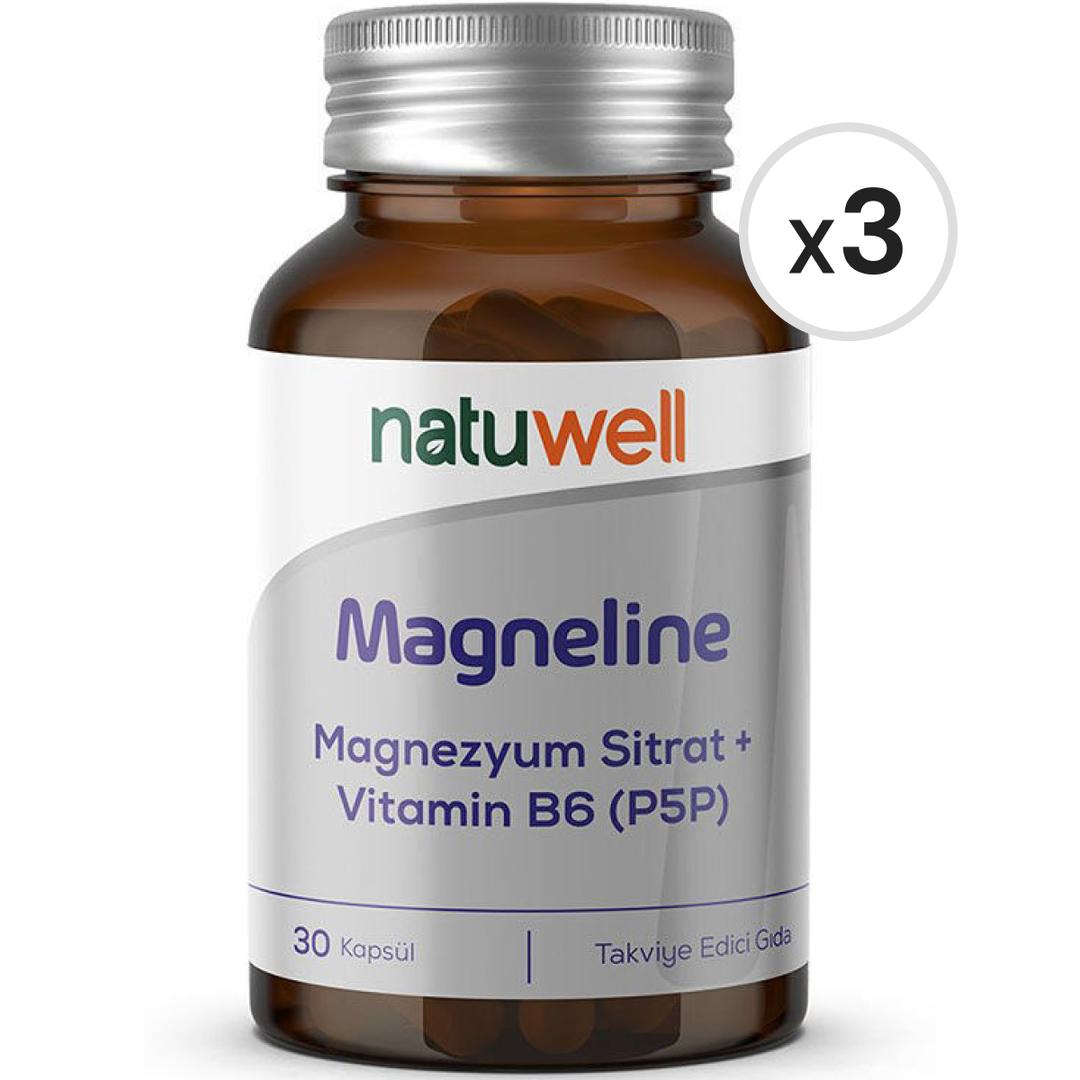 Natuwell Magneline Magnezyum Sitrat + Vitamin B6 (P5P) 30 Kapsül 3'lü Paket