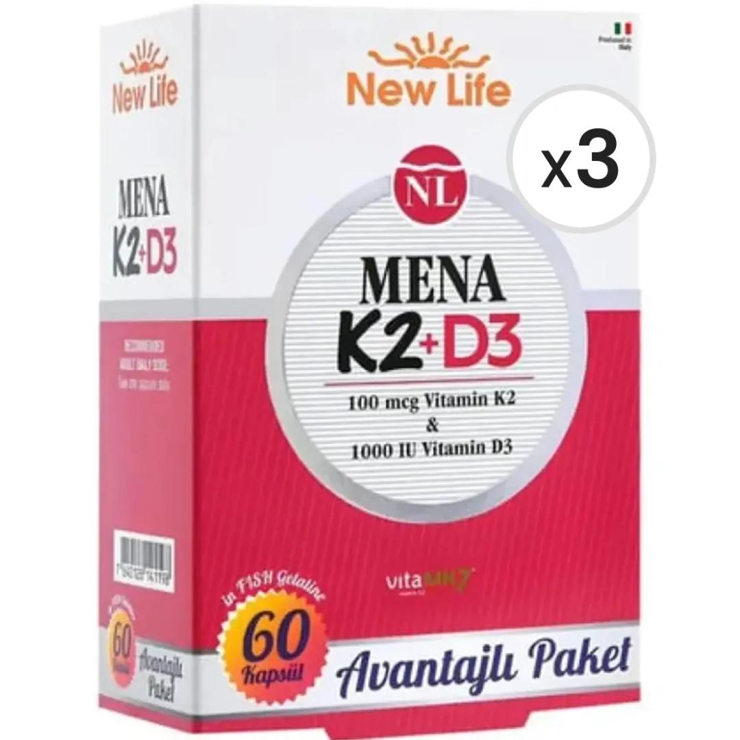 New Life Mena K2 + D3 60 Kapsül 3'lü Paket