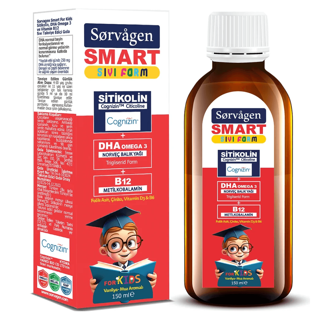 Sorvagen Smart Kids Sitikolin, DHA, Omega 3, B12 ve Norveç Balık Yağı Sıvı Form 150 ml