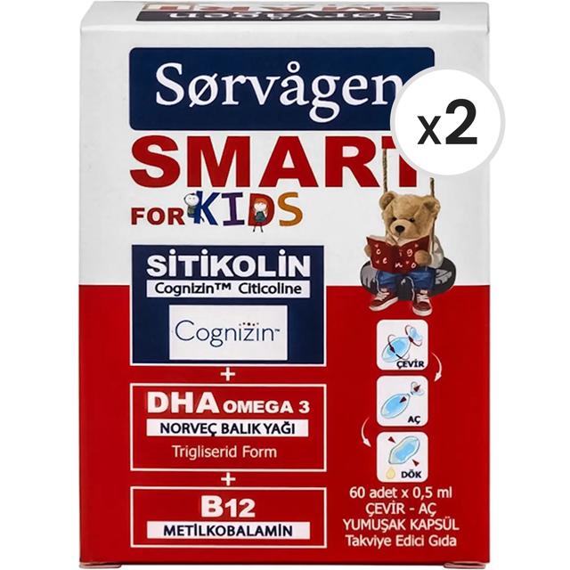 Sorvagen Smart Kids Sitikolin, DHA, Omega 3 ve B12 60 Kapsül 2'li Paket